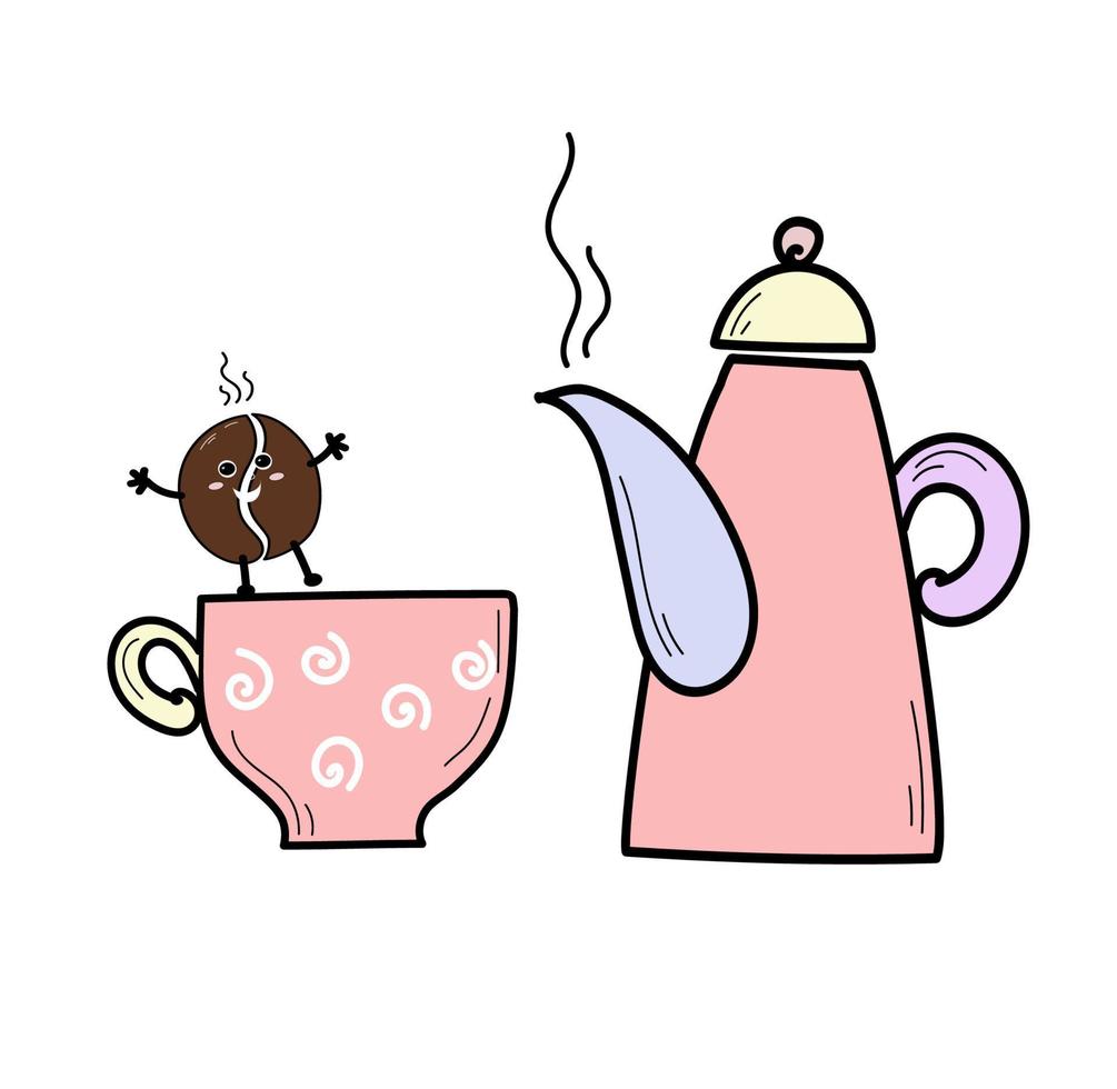 café da manhã, café da manhã tradicional, xícara de bebida quente, ilustração vetorial engraçada fofa no estilo doodle vetor