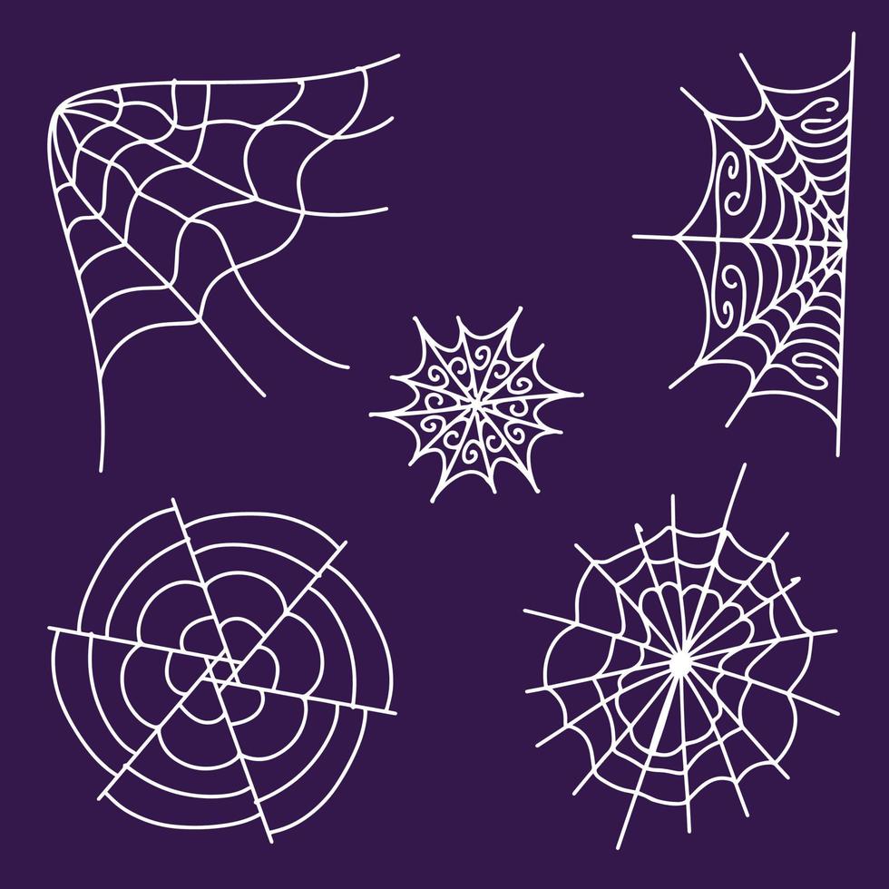 uma coleção de teias de aranha terríveis para design e decoração de halloween. decoração para a celebração do dia das bruxas. ilustração vetorial, simples e plana no estilo doodle. teia de aranha fofa com padrões. vetor