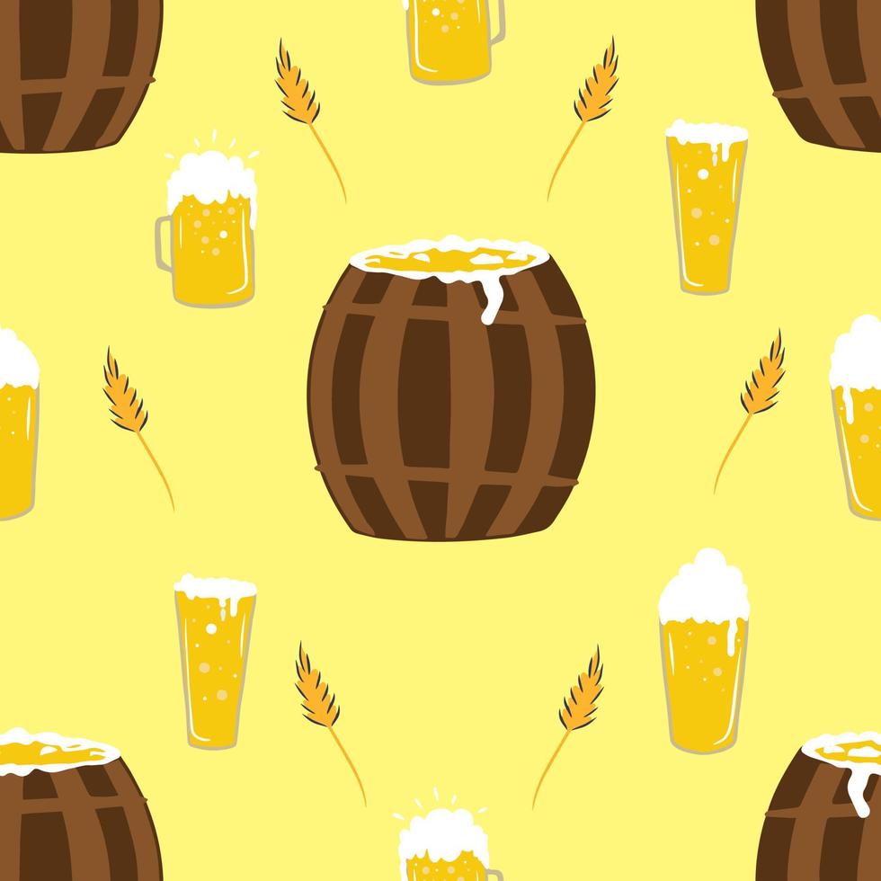 padrão perfeito para celebração da oktoberfest, conjunto de canecas de cerveja, barril de cerveja, celebração da oktoberfest, espigas de trigo. papel de embalagem, têxteis, adesivos, ilustração de desenho animado, desenho vetorial vetor