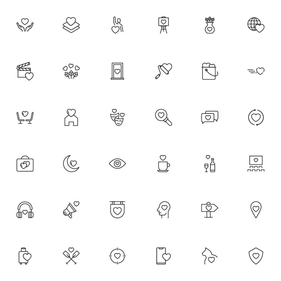 conceito de amor e romance. símbolos vetoriais em estilo moderno simples. conjunto de ícones de linha do coração, incluindo ícones de doação, caridade, data, corações no balde e na cabeça, ícone do site de namoro vetor