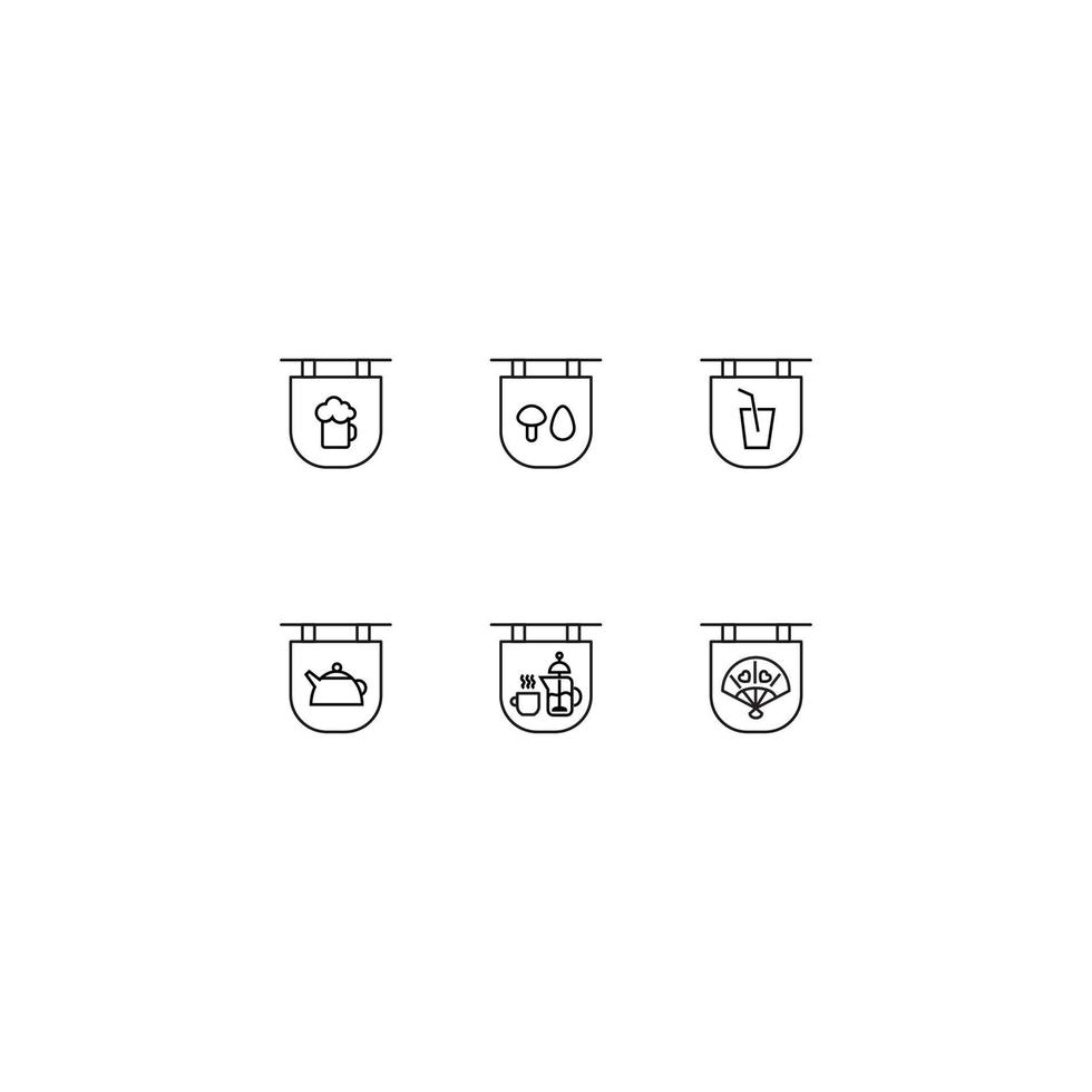 coleção de ícones de linha de sinais vetoriais e símbolos monocromáticos desenhados com linha fina preta. adequado para loja, sites, aplicativos. bebida, comida, bule, ventilador japonês na tabuleta vetor