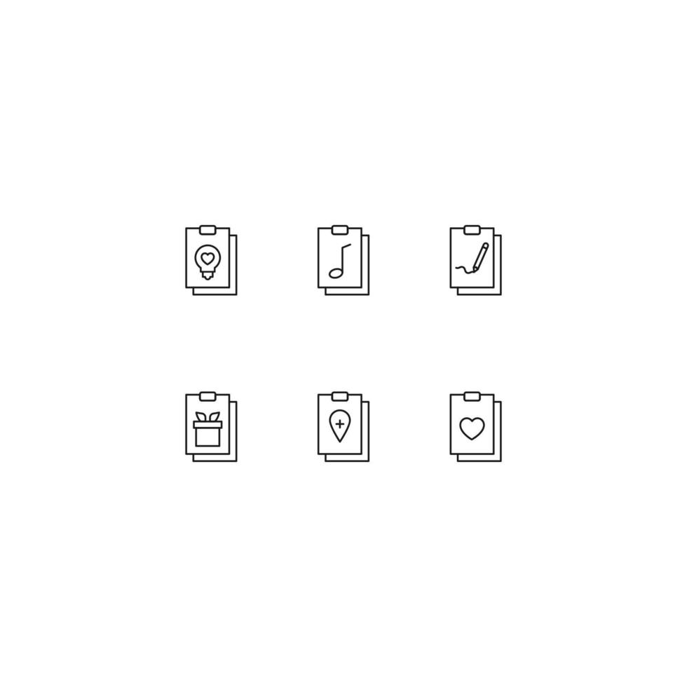 coleção de ícones de linha de sinais vetoriais e símbolos monocromáticos desenhados com linha fina preta. adequado para loja, sites, aplicativos. ícones de lâmpada, nota musical, lápis, giftbox, coração, geotag na área de transferência vetor