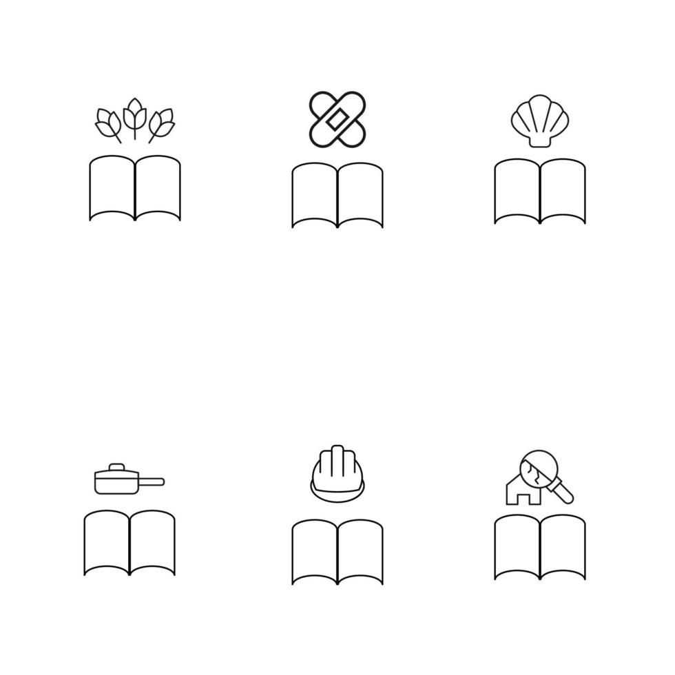 livros, ficção e conceito de leitura. ilustrações vetoriais em estilo simples. traços editáveis. conjunto de ícones de linha, incluindo ícones de flores, fita médica, concha, frigideira, capacete, casa quebrada vetor