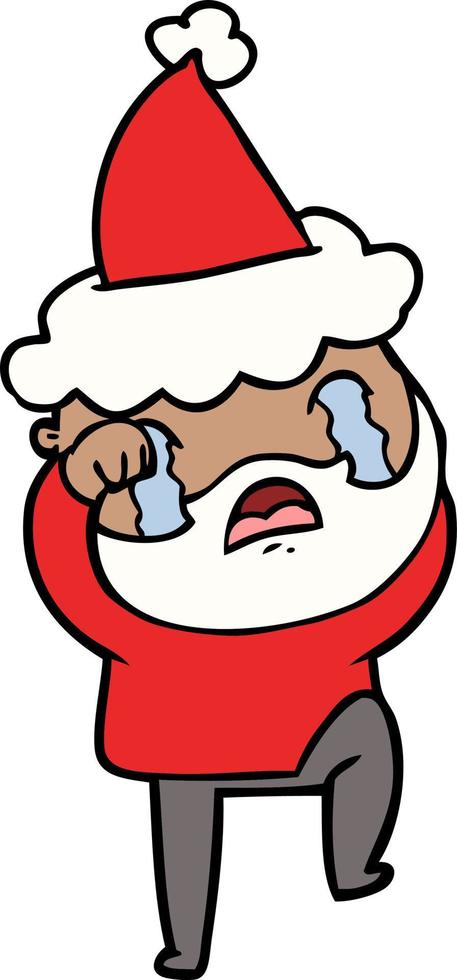 desenho de linha de um homem barbudo chorando e batendo o pé usando chapéu de papai noel vetor