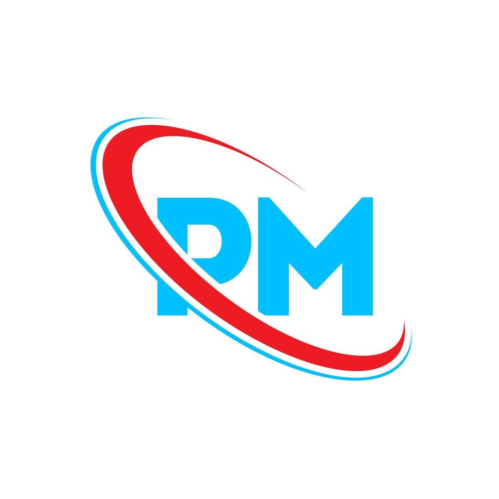 logotipo pm. projeto pm. carta pm azul e vermelha. design de logotipo de carta pm. letra inicial pm logotipo do monograma maiúsculo do círculo vinculado. vetor