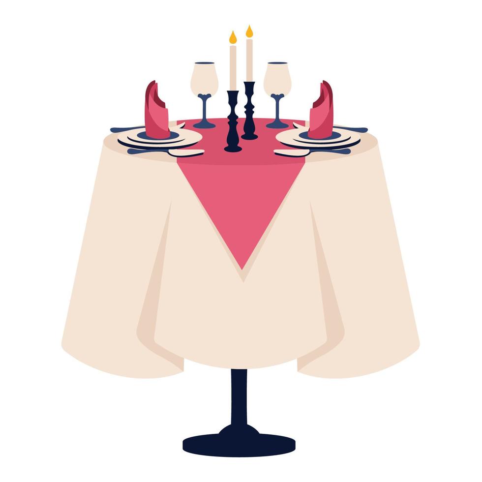 lindo jantar romântico. cenário romântico. mesa reservada para dois com toalha branca, talheres, copos de vinho, velas com castiçais, guardanapos, pratos. ilustração vetorial de desenho animado isolada vetor