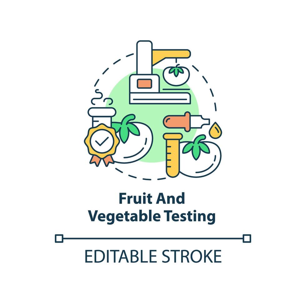 ícone de conceito de teste de frutas e vegetais. testes de laboratório para ilustração de linha fina de ideia abstrata de qualidade de produção de alimentos. desenho de contorno isolado. traço editável. arial, uma miríade de fontes pró-negrito usadas vetor