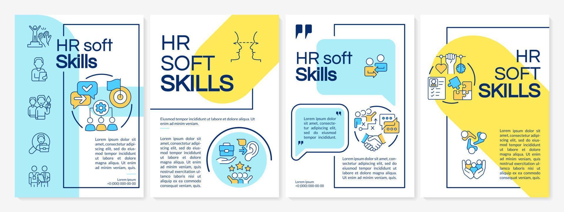 modelo de folheto azul e amarelo de habilidades sociais de rh. processo de emprego. design de folheto com ícones lineares. 4 layouts vetoriais para apresentação, relatórios anuais. questrial, fontes lato-regulares usadas vetor