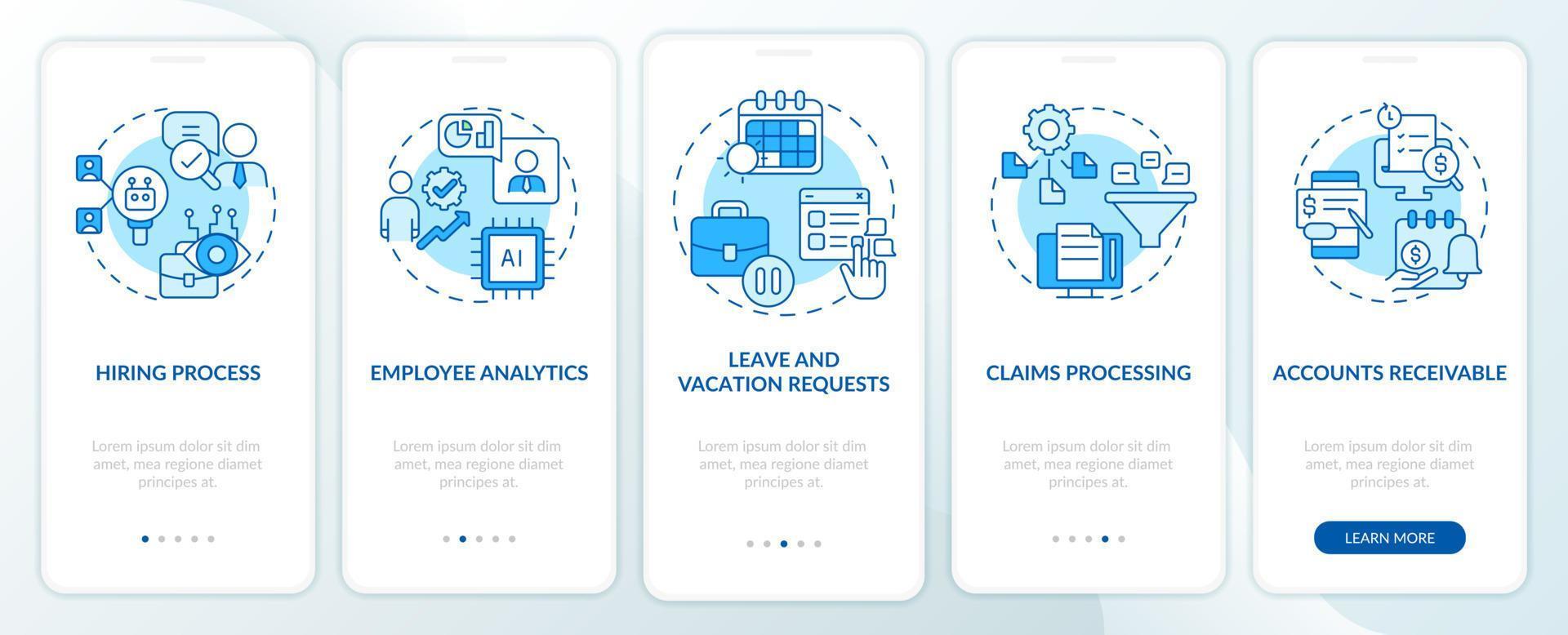 exemplos de automação na tela do aplicativo móvel de integração azul de negócios. passo a passo 5 passos páginas de instruções gráficas com conceitos lineares. ui, ux, modelo de gui. uma miríade de fontes regulares pró-negrito usadas vetor