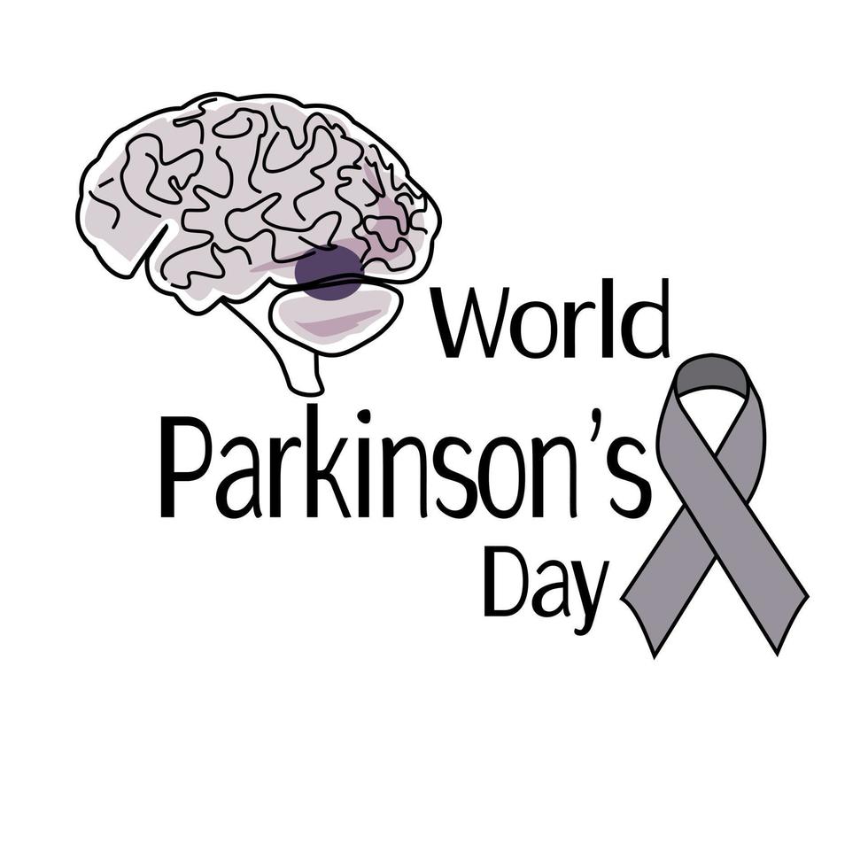 dia mundial de parkinsons, sinal simbólico de dano cerebral humano, fita cinza e inscrição temática vetor