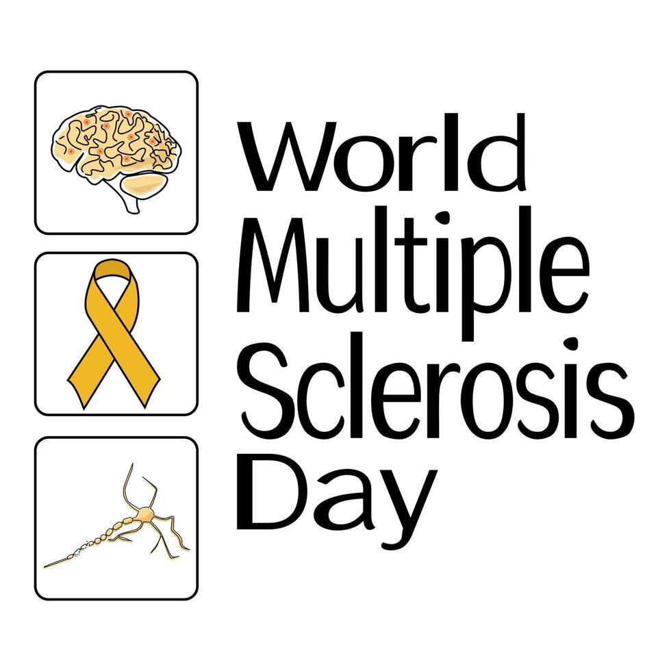 dia mundial da esclerose múltipla, representação esquemática do neurônio afetado e cérebro humano, ideia para banner ou pôster vetor