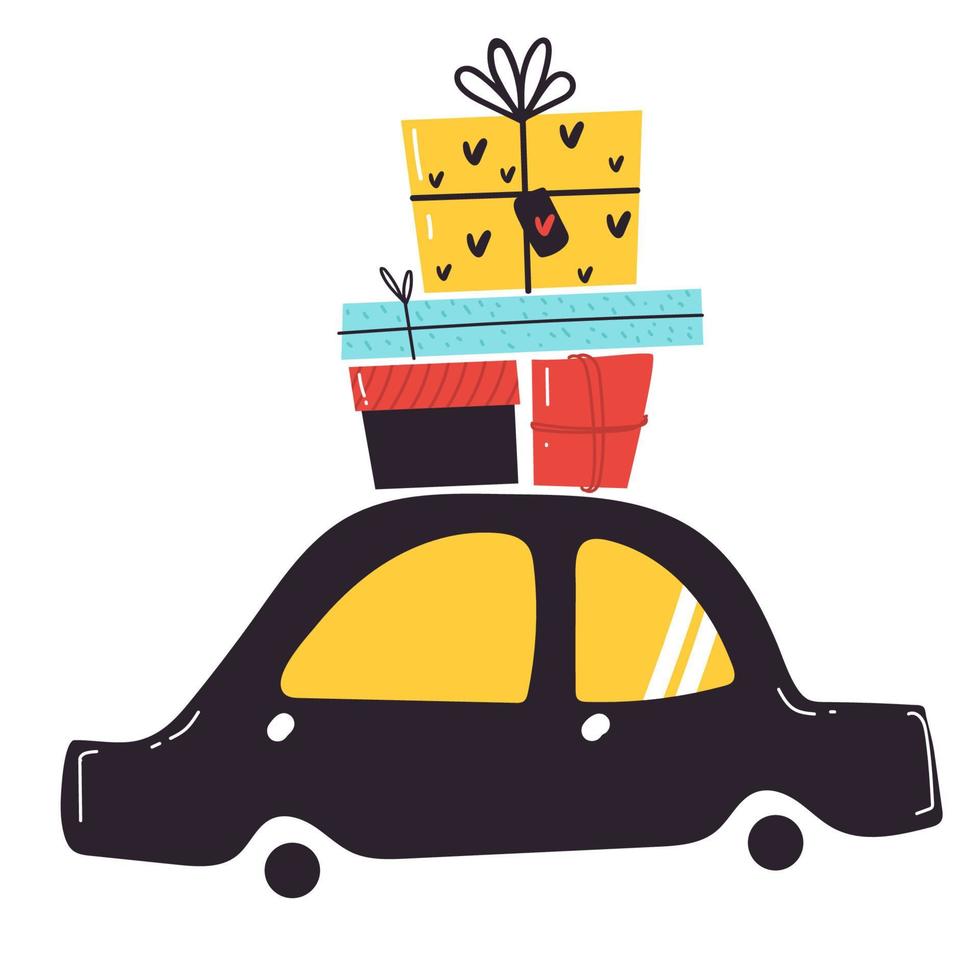 caixas de presente no carro. feliz natal tipografia estilizada. ilustração vetorial de estilo simples vetor