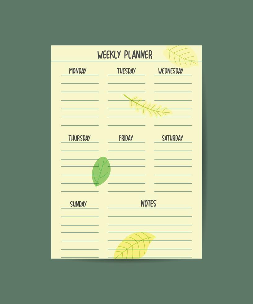 modelo de design de planejador semanal de vetor verde. elegante organizador de folhas florais e bloco de notas. lista de tarefas imprimíveis da agenda do calendário da semana.