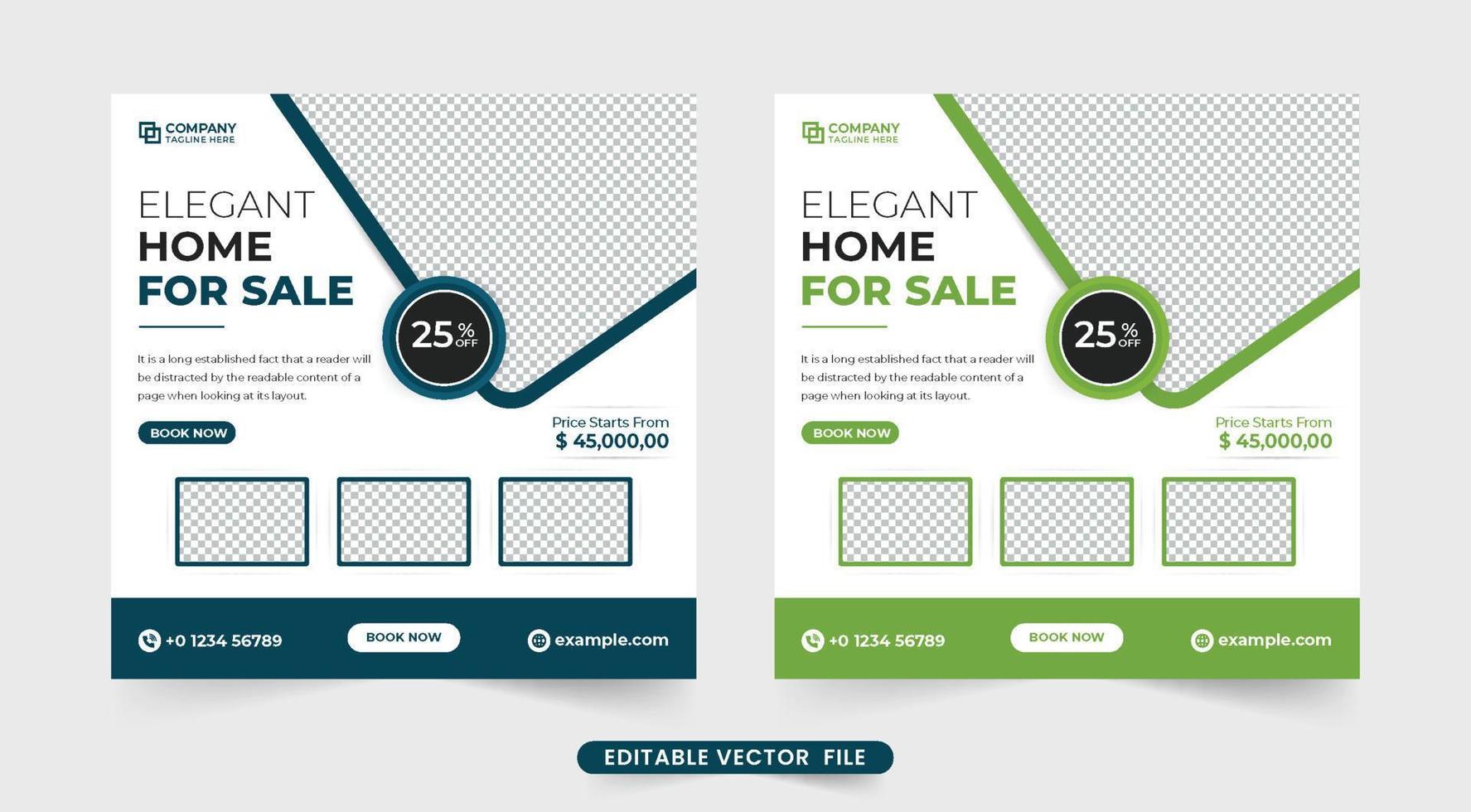 design de postagem de mídia social de habitação moderna com cores verdes e azuis. vetor de modelo de negócios imobiliário minimalista para marketing digital. modelo comercial de negócios de venda em casa para mídias sociais.