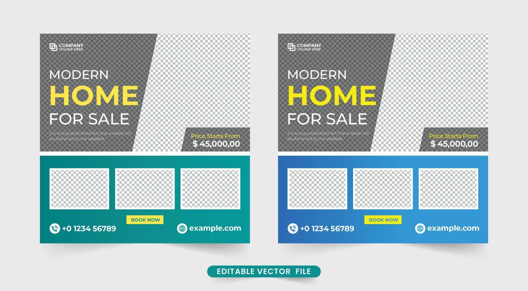 vetor de modelo de negócios de venda em casa moderna com formas abstratas. banner web de promoção de negócios imobiliários minimalista com cores azuis e amarelas. casa vendendo vetor de postagem de mídia social.