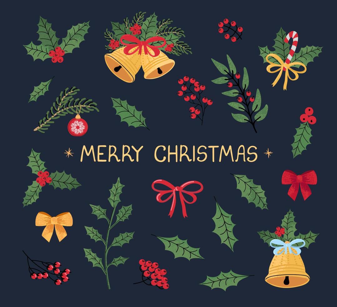 Vector conjunto colorido moderno com ilustrações de doodle desenhado à mão de objetos de Natal e letras. usá-lo como elementos para cartões de design, cartaz, cartão, design de papel de embalagem