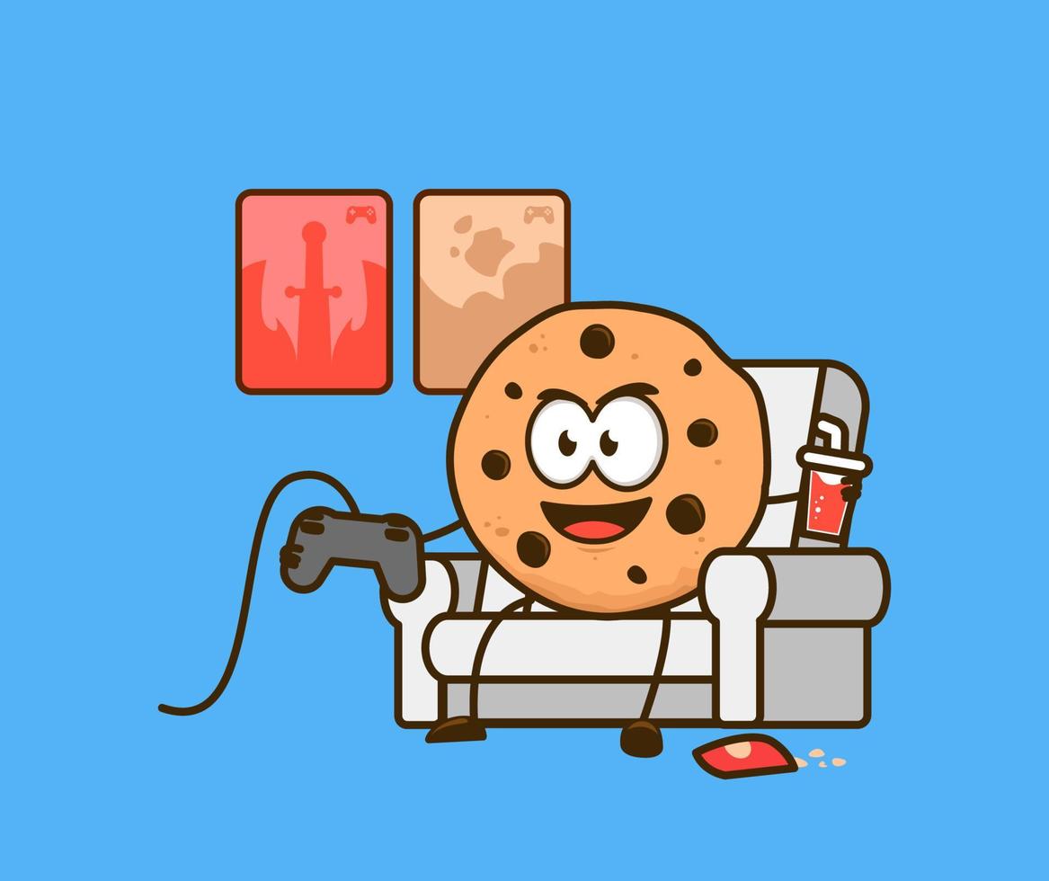 biscoitos fofos lanche mascote de personagem de desenho animado como jogador jogando console de videogame no sofá ilustração em vetor gráfico de atividade