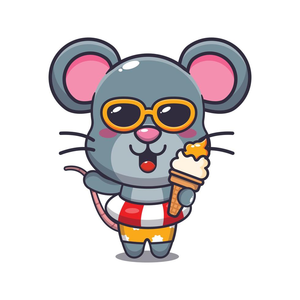 rato bonito com sorvete na ilustração dos desenhos animados de praia. vetor