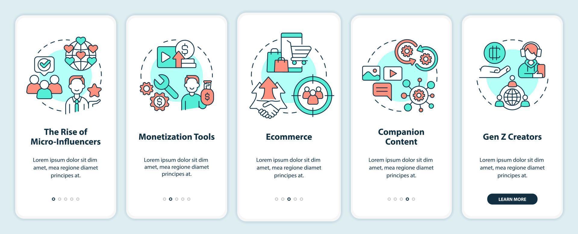 Tendências da economia do criador integrando a tela do aplicativo móvel. passo a passo 5 passos de instruções gráficas editáveis com conceitos lineares. ui, ux, modelo de gui. vetor