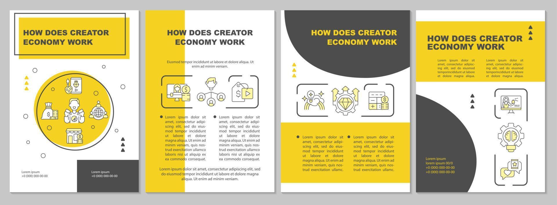 como funciona a economia do criador modelo de folheto amarelo. design de folheto com ícones lineares. 4 layouts vetoriais editáveis para apresentação, relatórios anuais. vetor