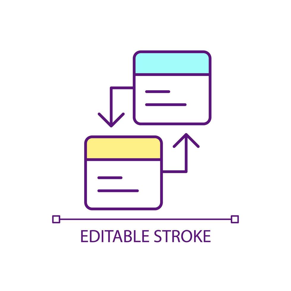 ícone de cor rgb de integração. interação entre software e programas. automação. cooperação dos departamentos. ilustração vetorial isolado. desenho de linha preenchido simples. traço editável. vetor