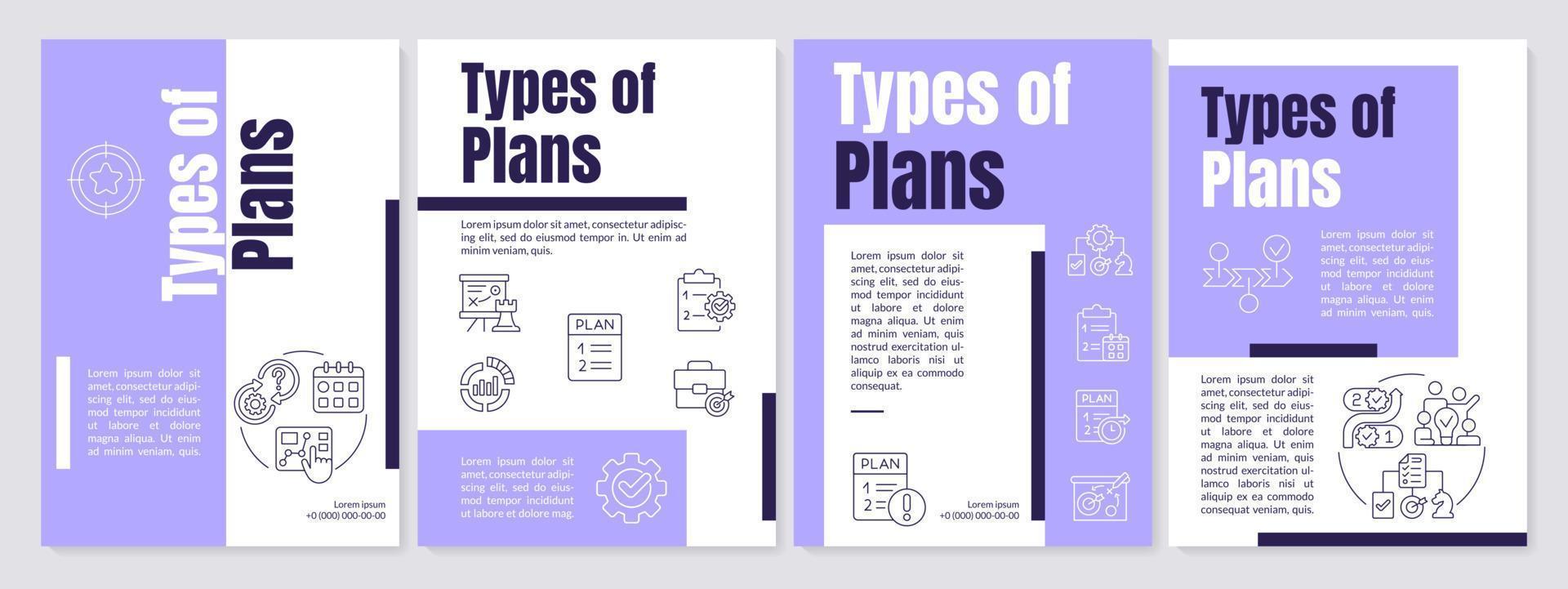 tipos de modelo de folheto roxo de planejamento. estratégia de negócio. design de folheto com ícones lineares. 4 layouts vetoriais editáveis para apresentação, relatórios anuais. vetor