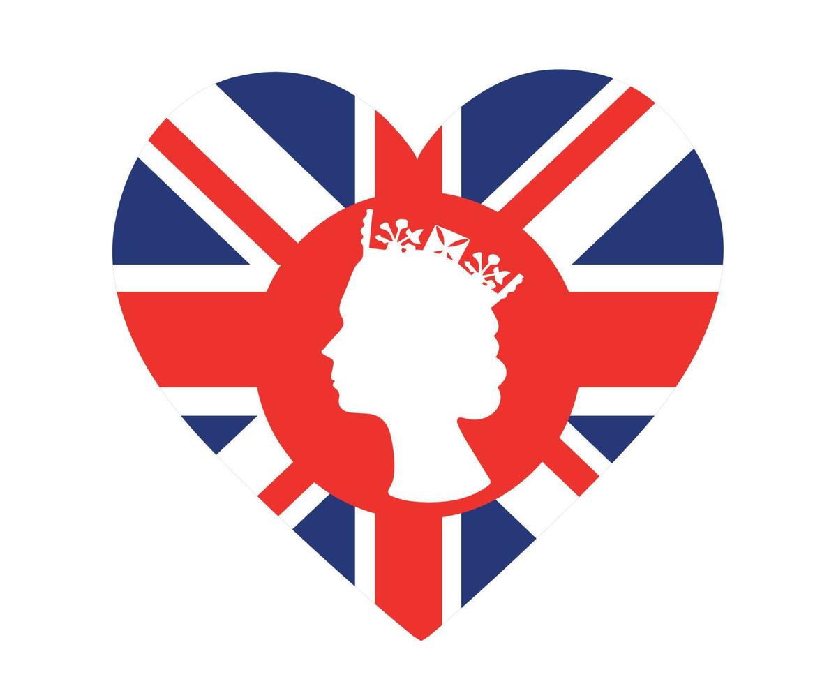 elizabeth rainha rosto vermelho e branco com bandeira britânica do reino unido nacional europa emblema ícone do coração ilustração vetorial elemento de design abstrato vetor