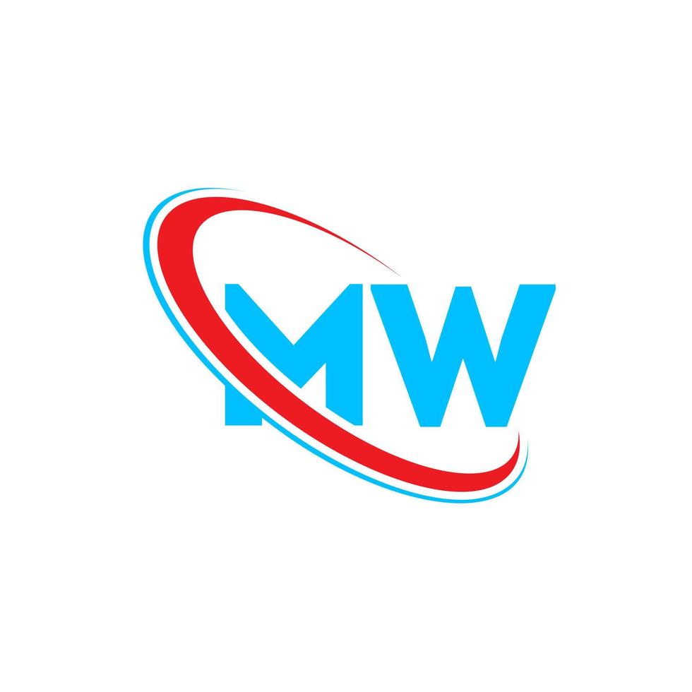 logotipo m. projeto m. letra mw azul e vermelha. design de logotipo de letra mw. letra inicial mw vinculado ao logotipo do monograma maiúsculo do círculo. vetor
