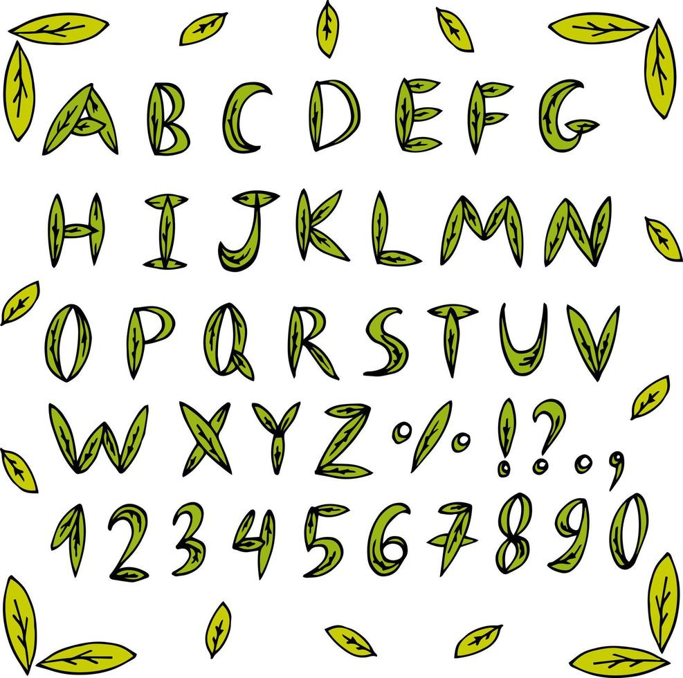 o alfabeto da planta e números em fundo branco. imagem vetorial. vetor