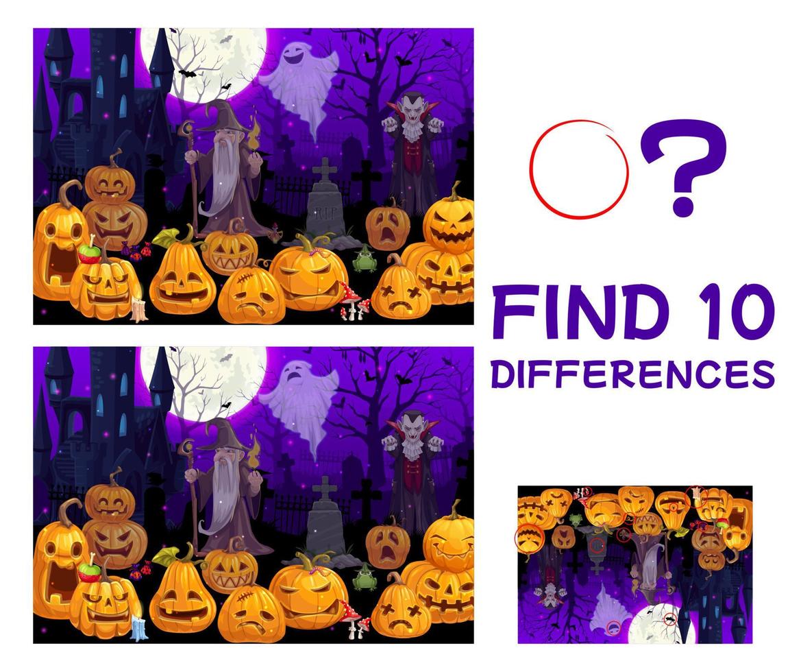 encontre o jogo de dez diferenças com abóboras de halloween vetor
