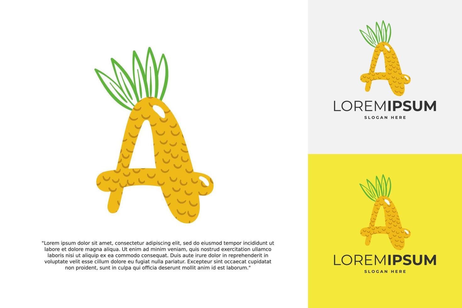um logotipo de letra feito de abacaxi. caligrafia artesanal de frutas para identidade agrícola, cartões de restaurante, camiseta infantil, estampas de verão, etc vetor