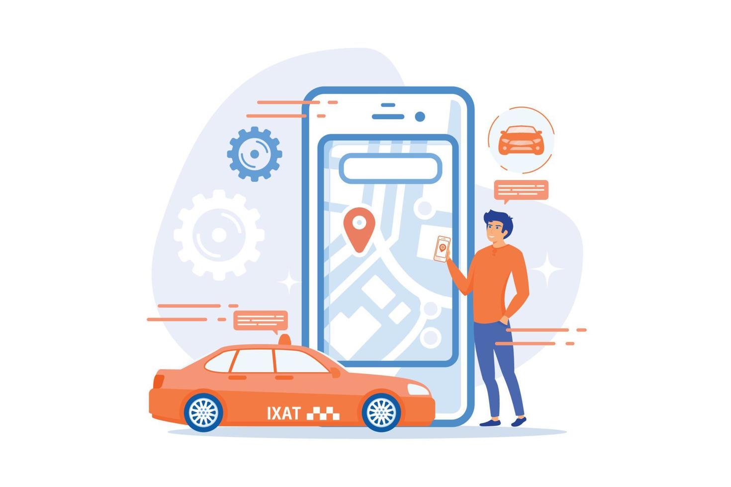 um homem perto de um enorme smartphone com mapa da cidade e tags de gps na tela chama um táxi. aplicativos de navegação, transporte público inteligente, conceito de iot e cidade inteligente, paleta violeta. ilustração moderna de vetor plana