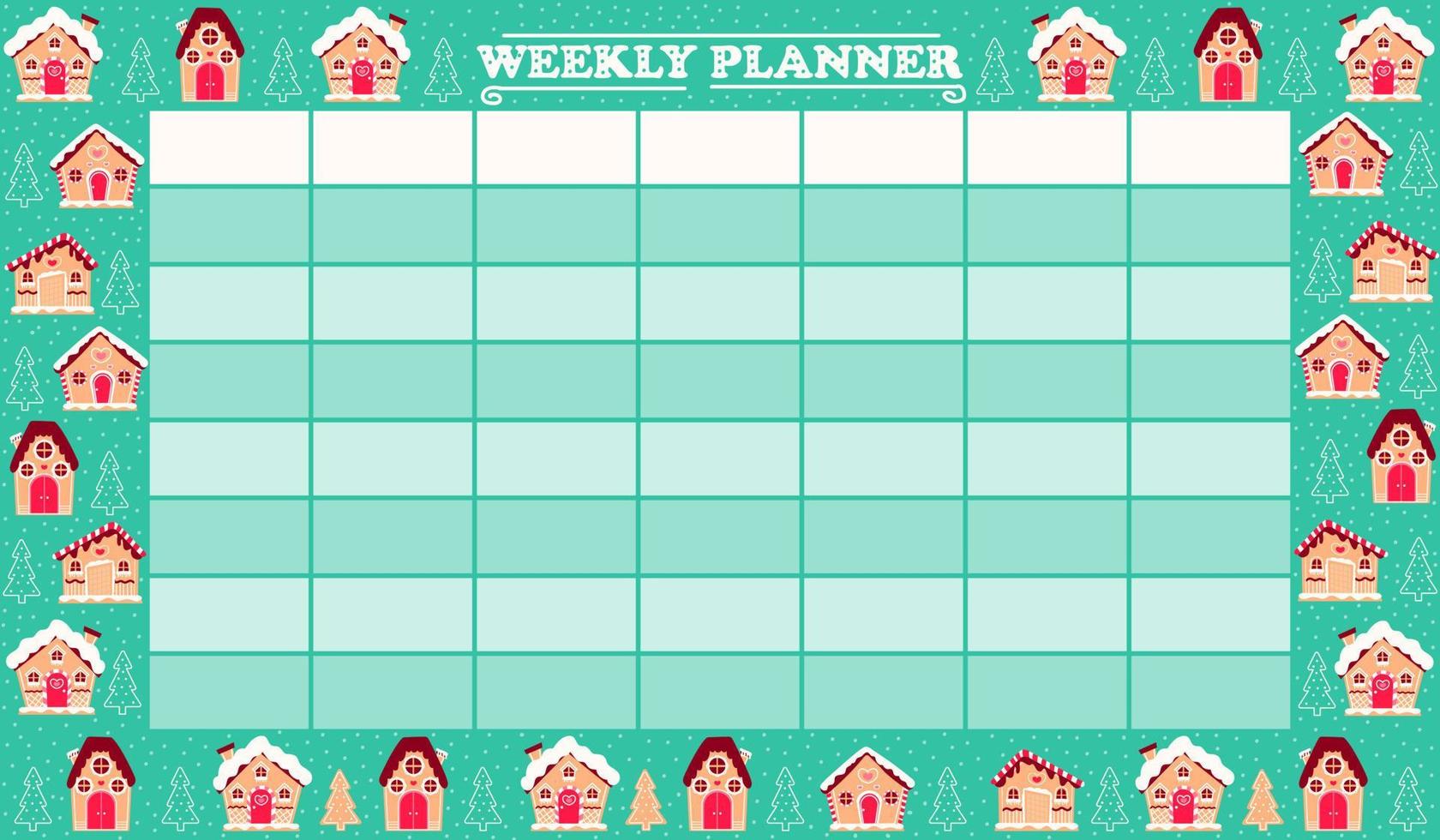 planejador semanal com casas de gengibre clourful e véspera de natal em estilo infantil, calendário imprimível para crianças vetor