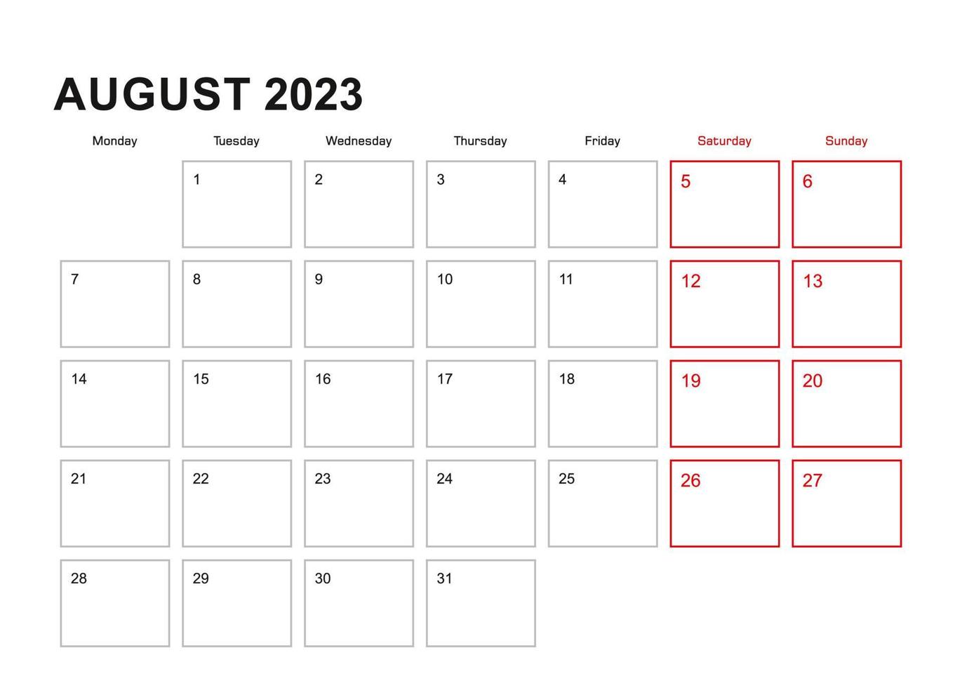 planejador de parede para agosto de 2023 em inglês, a semana começa na segunda-feira. vetor