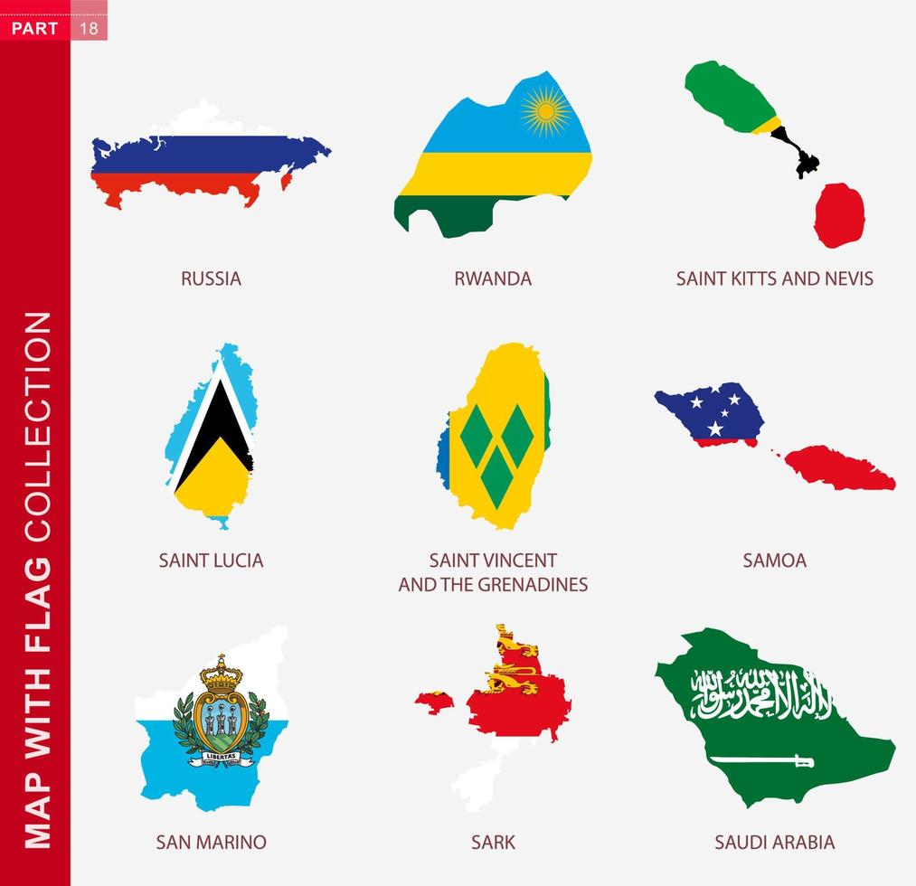 mapa com coleção de bandeiras, contorno de nove mapas com bandeira vetor