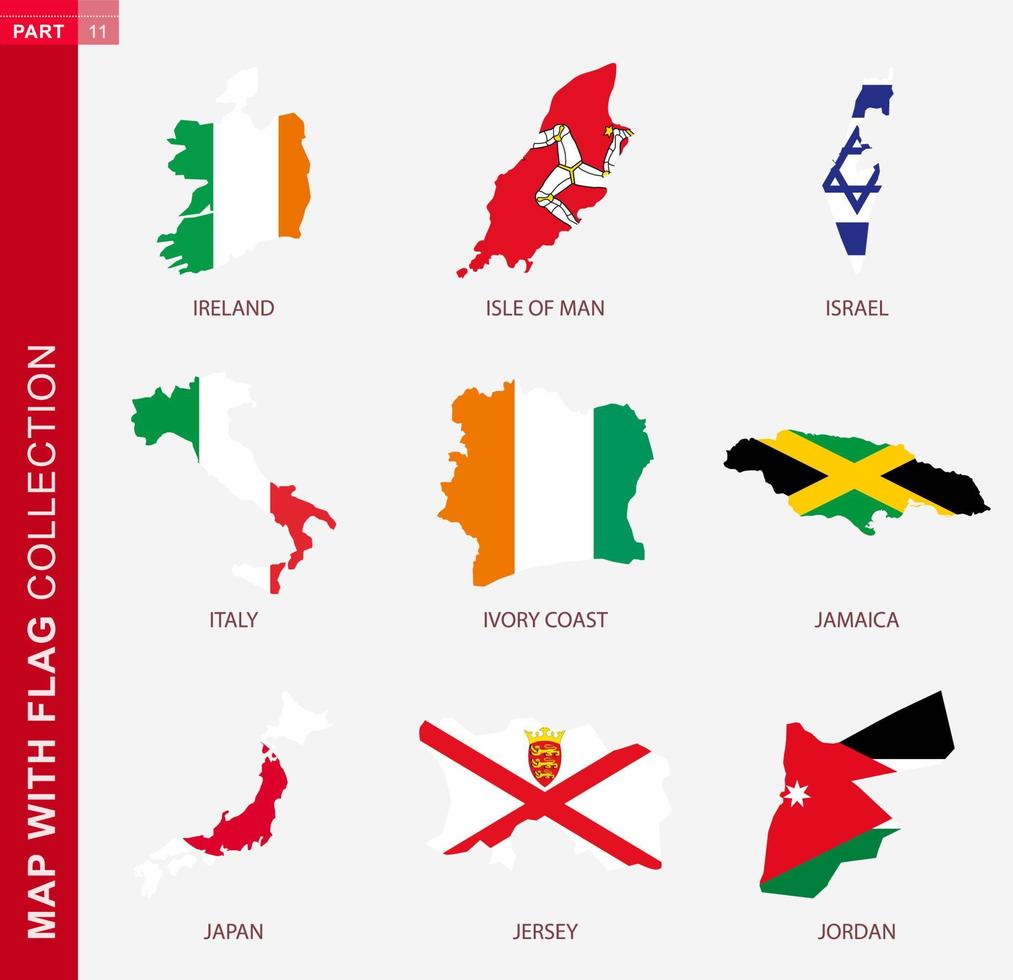 mapa com coleção de bandeiras, contorno de nove mapas com bandeira vetor