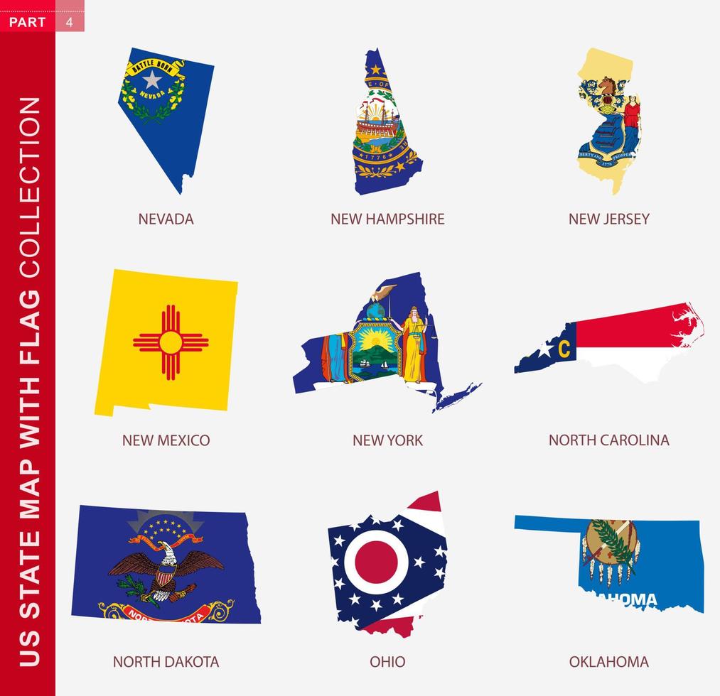 mapas do estado dos eua com coleção de bandeiras, contorno de mapa de nove eua com bandeira vetor