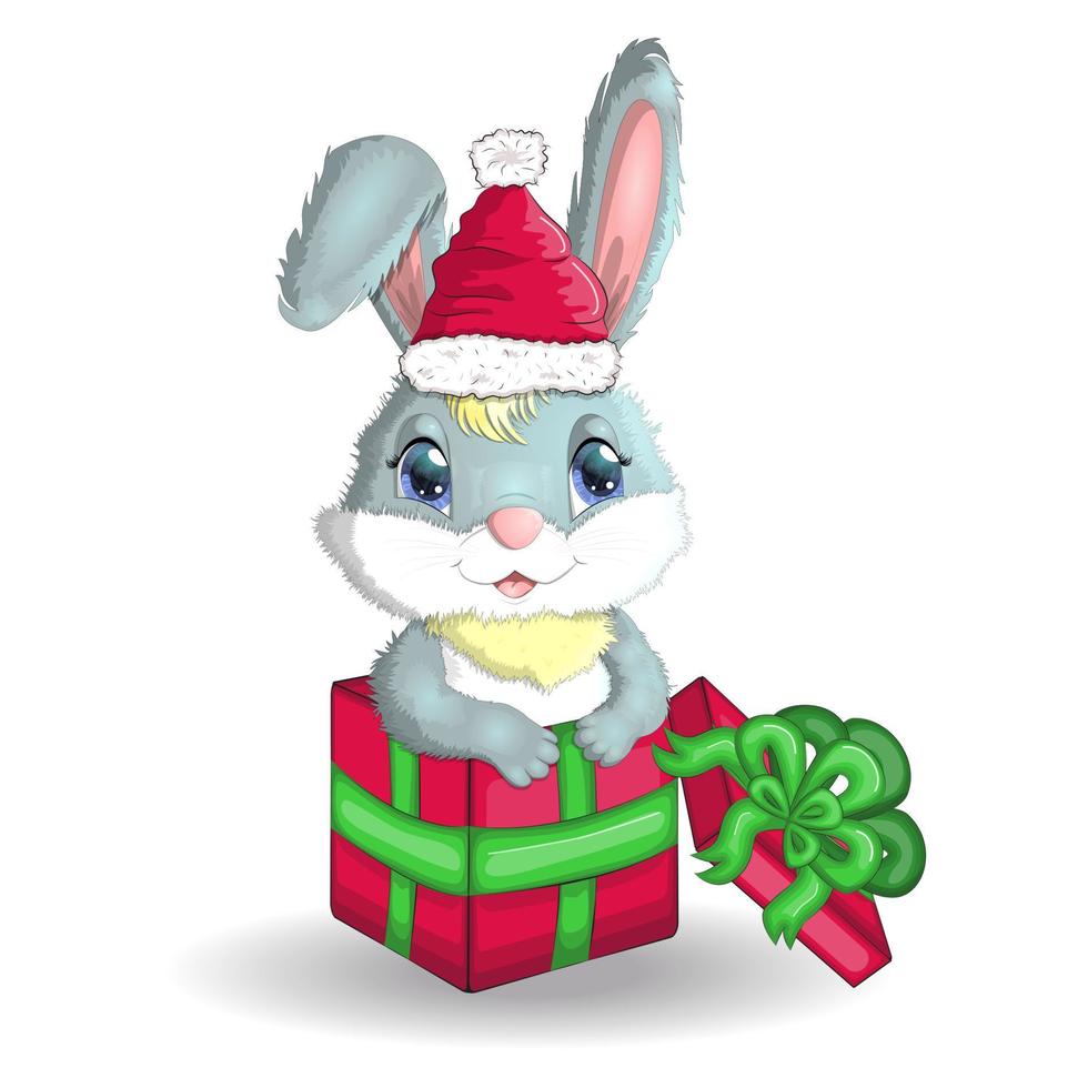 coelho bonito dos desenhos animados no chapéu de Papai Noel com um presente. inverno 2023, natal e ano novo vetor