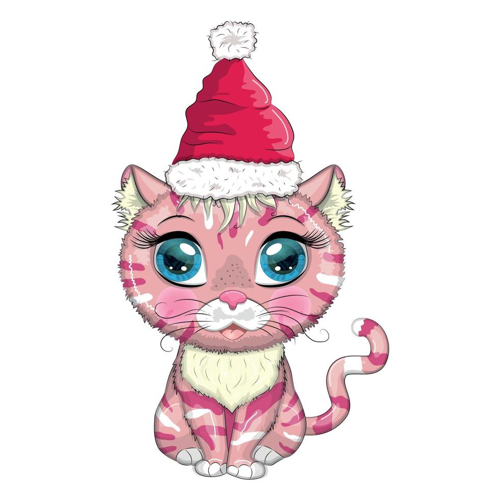 gato bonito dos desenhos animados no chapéu de Papai Noel com presente, bola de natal, kane de doces. inverno 2023, natal e novo chinês vetor