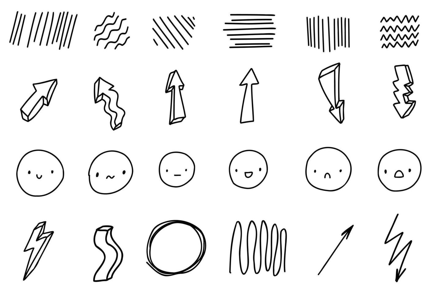 setas de doodle bonitos, rostos, emoções, fundo de rabisco. vetor de linha desenhada de mão isolado.