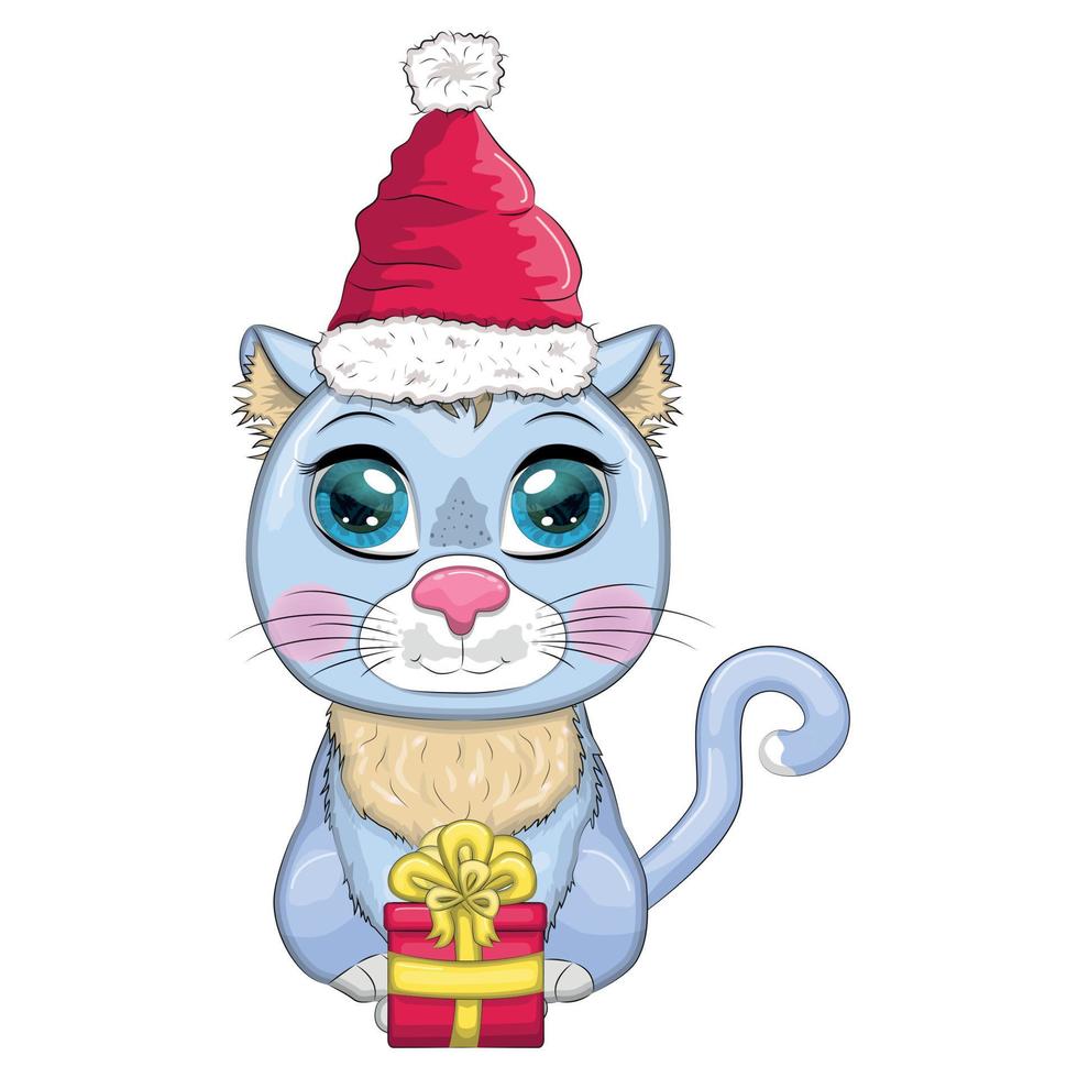 gato bonito dos desenhos animados no chapéu de Papai Noel com presente, bola de natal, kane de doces. inverno 2023, natal e novo chinês vetor