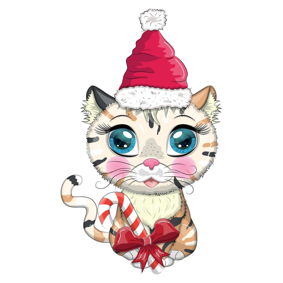 gato bonito dos desenhos animados no chapéu de Papai Noel com presente, bola de natal, kane de doces. inverno 2023, natal e novo chinês vetor