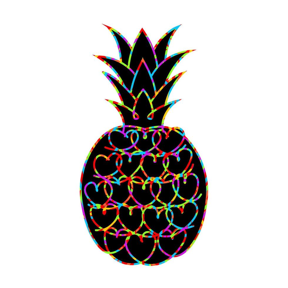 silhueta de abacaxi com corações multicoloridos. ícone de abacaxi em branco. vetor