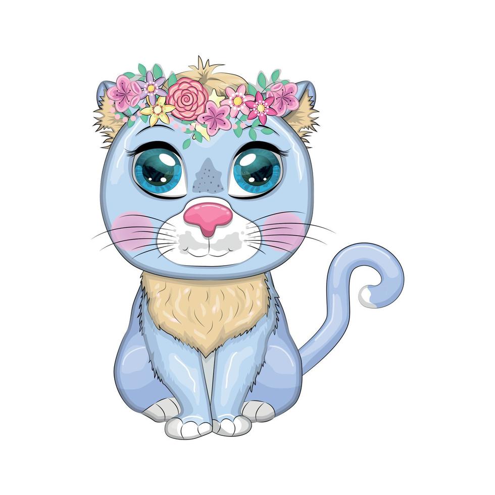 gato de desenho animado com uma coroa de flores. a primavera está chegando. personagem de criança fofa, símbolo do novo ano chinês de 2023 vetor