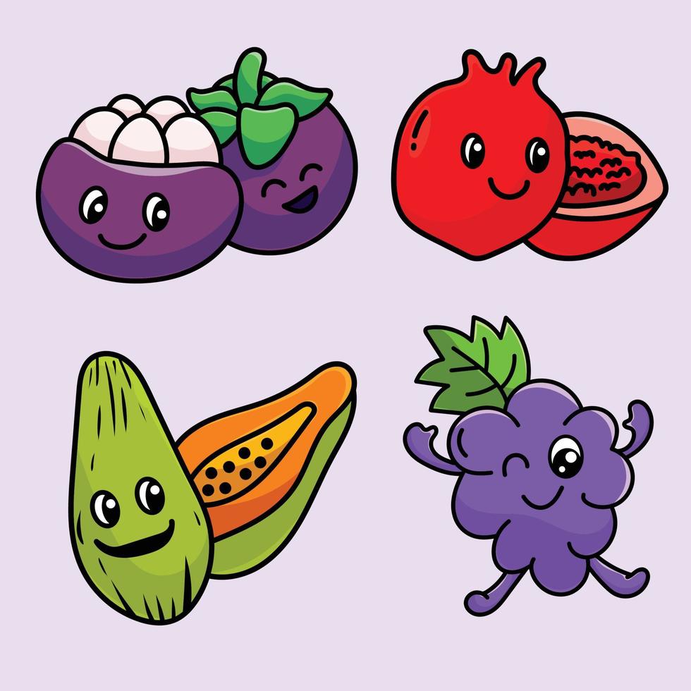 design de vetor de mascote de desenho de fruta plana e fofa expressão de sorriso mangostão mamão romã uva