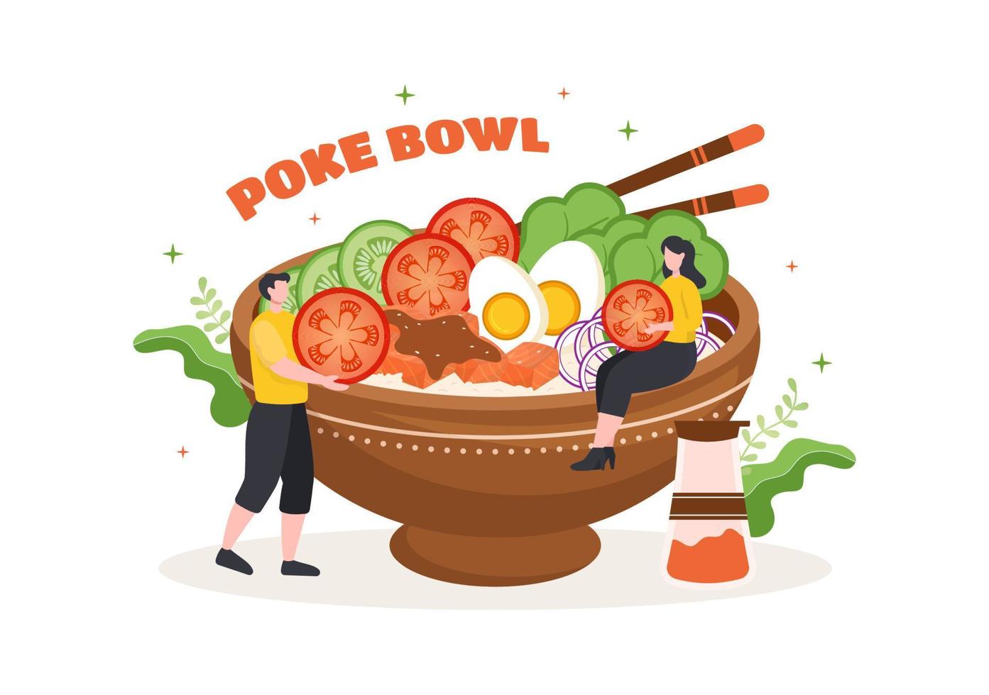 modelo de comida de tigela de prato havaiano ilustração plana de desenhos animados desenhados à mão com arroz, atum, peixe fresco, ovo e design de legumes vetor