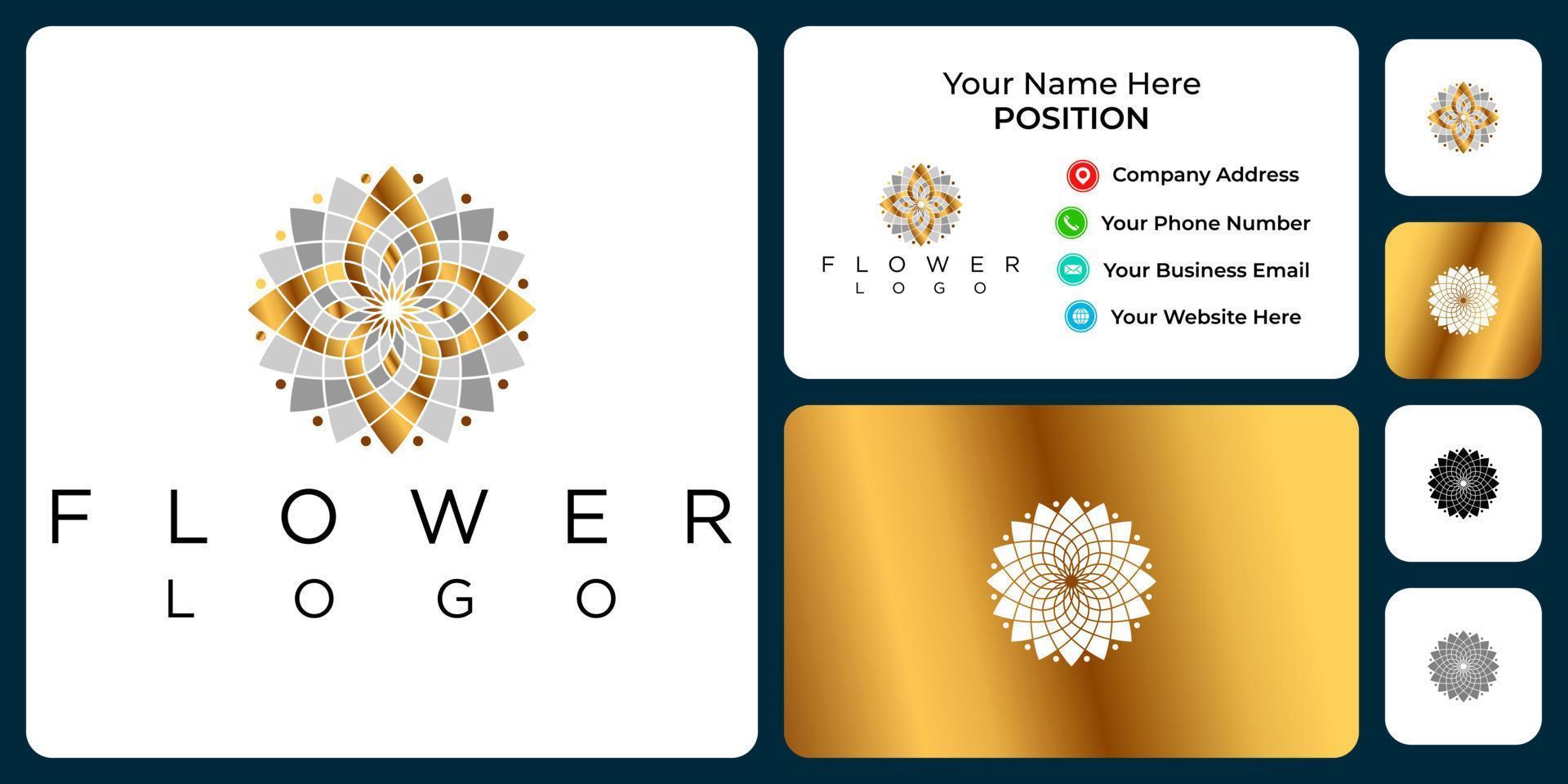 design de logotipo floral luxuoso com modelo de cartão de visita. vetor