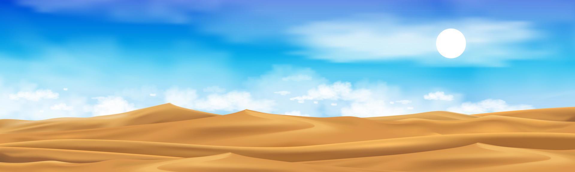 paisagem do deserto com dunas de areia dourada com céu azul de nuvens fofas. vector cartoon quente seco deserto. horizonte belo fundo de natureza com cena de paralaxe de colinas arenosas amarelas no verão quente de dia ensolarado