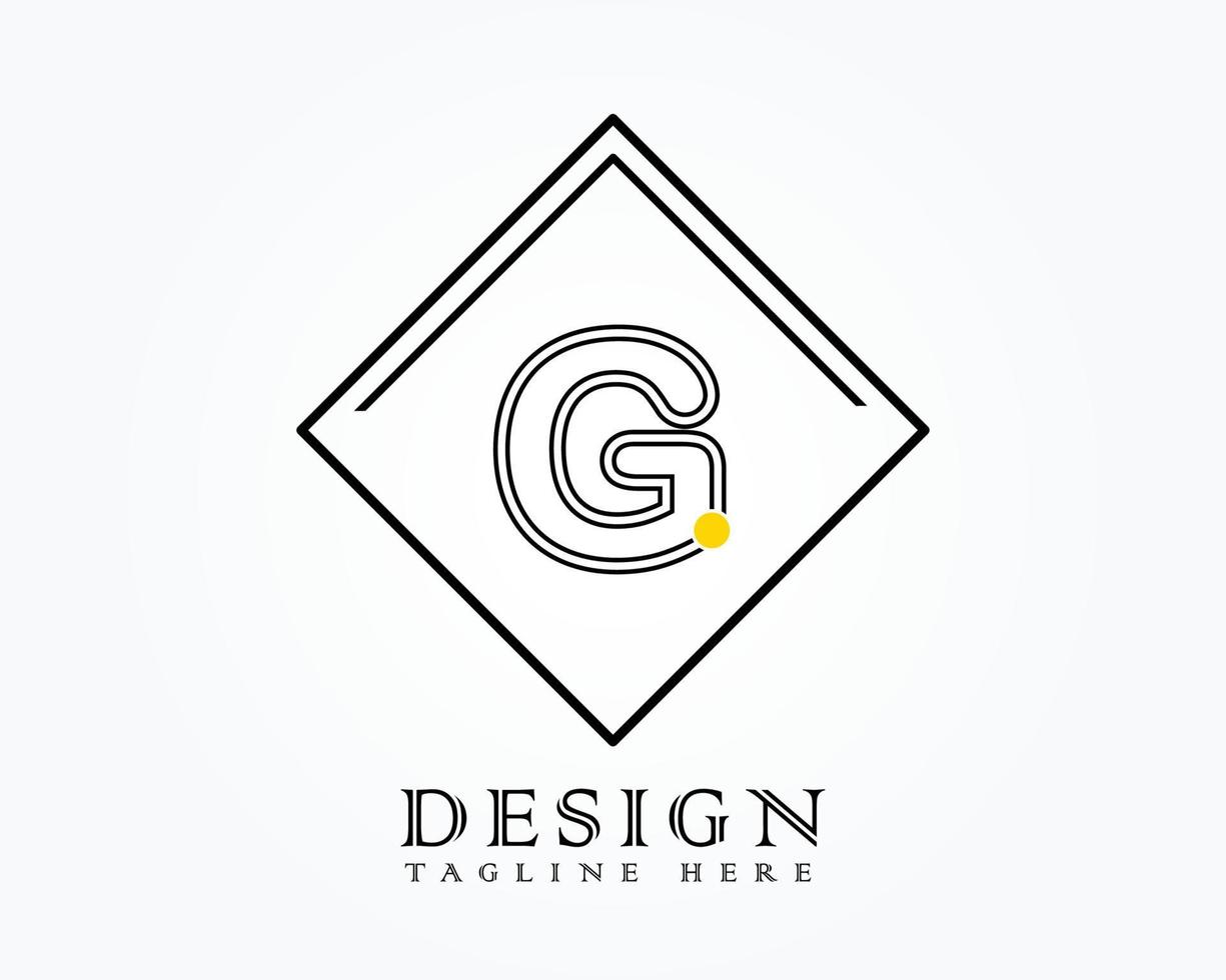 modelo de design de logotipo com a letra g do alfabeto em uma caixa com marcas arredondadas amarelas vetor