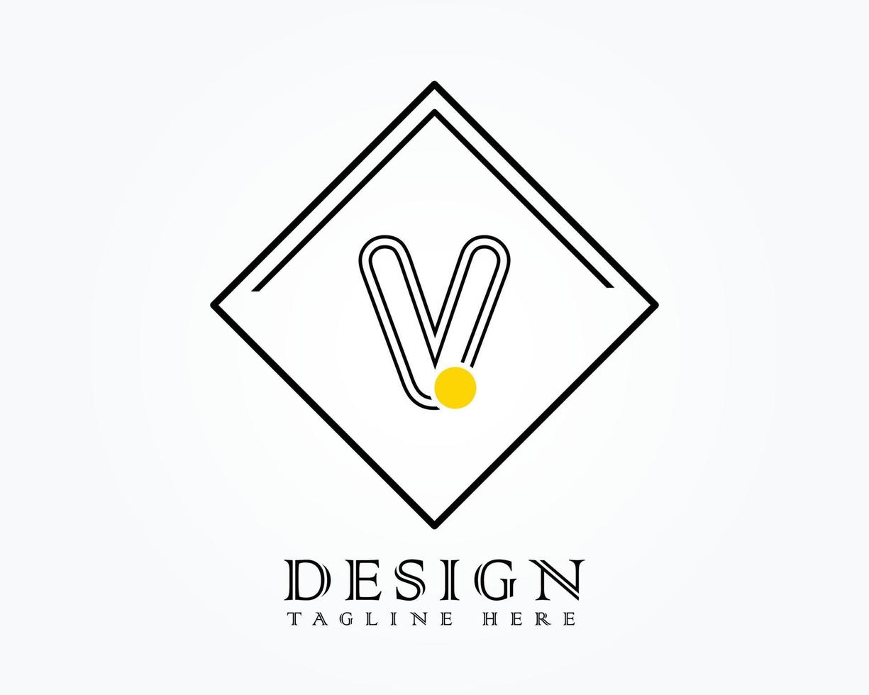 modelo de design de logotipo com a letra v do alfabeto em uma caixa com marcas arredondadas amarelas vetor